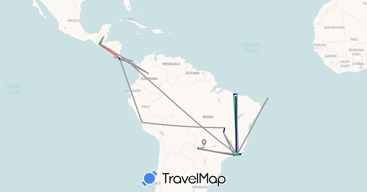 TravelMap itinerary: driving, bus, plane, cycling, hiking in Brazil, Colombia, Costa Rica, Guatemala, Panama, Peru (North America, South America)